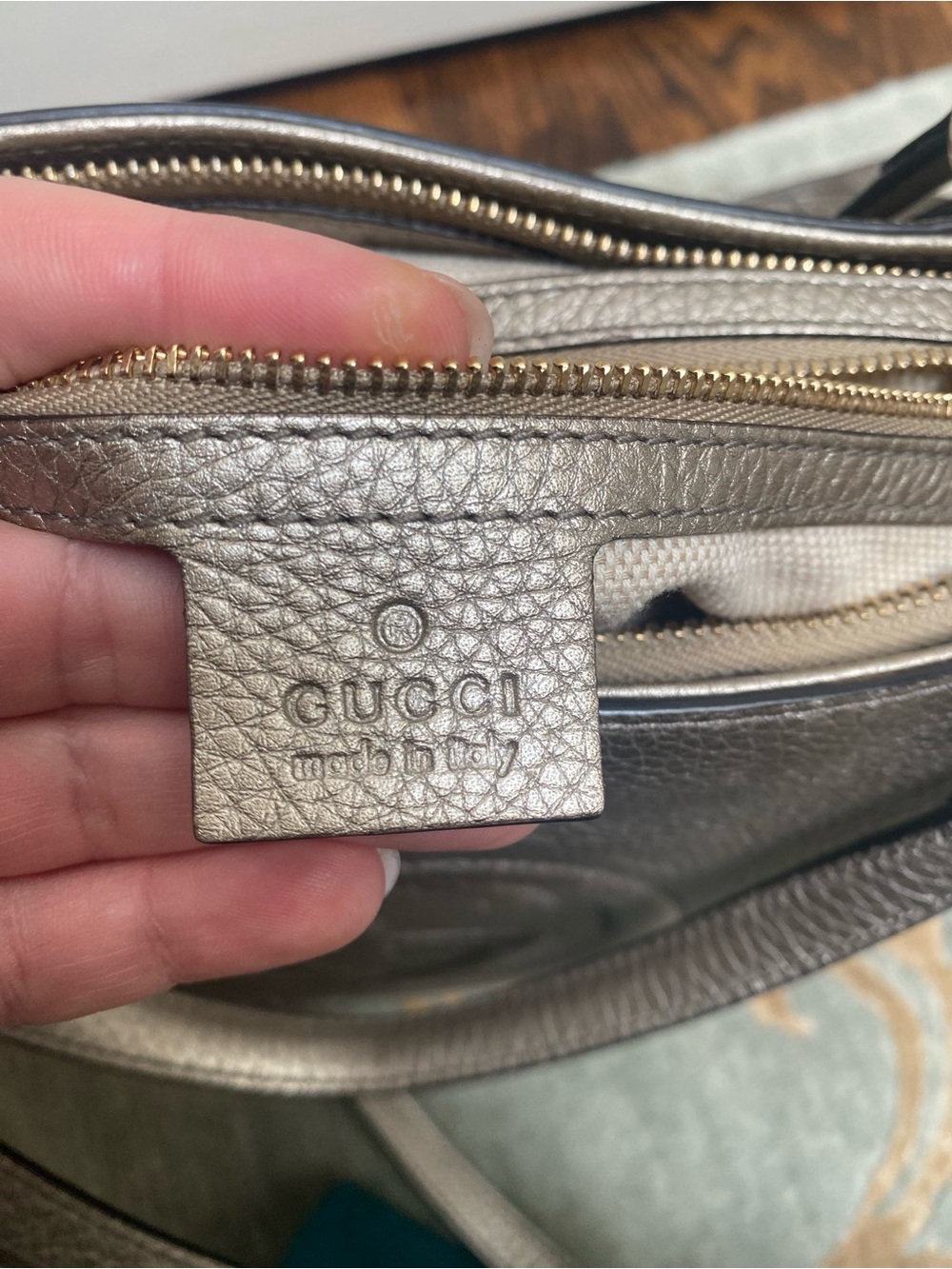 Gucci Metallic Pewter Soho Cellarius Leather Tote Bag Crossbody - Picture 10 of 12